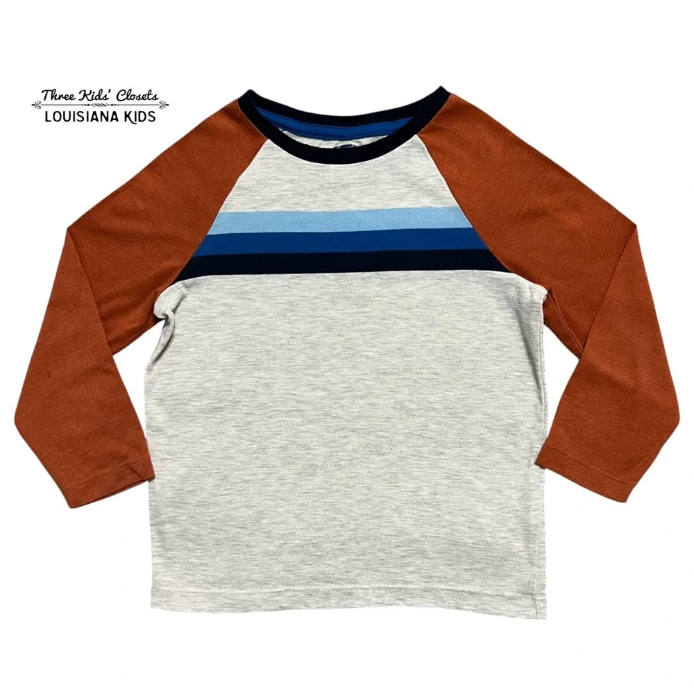 Old Navy XS (5) Gray Brown & Blue Stripe Raglan Tee Shirt